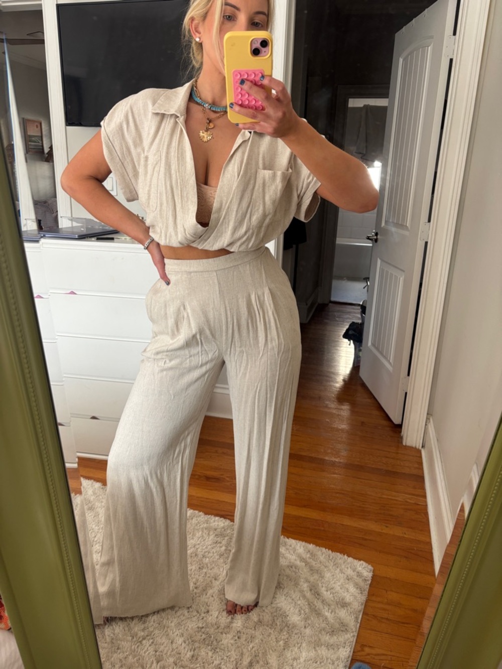 Cream linen SET Wide-Leg Pants - Relaxed Women's Trousers